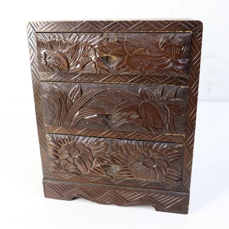 伝統工芸 日光彫 小引き出し 3段 小箪笥 小物入れ 牡丹柄