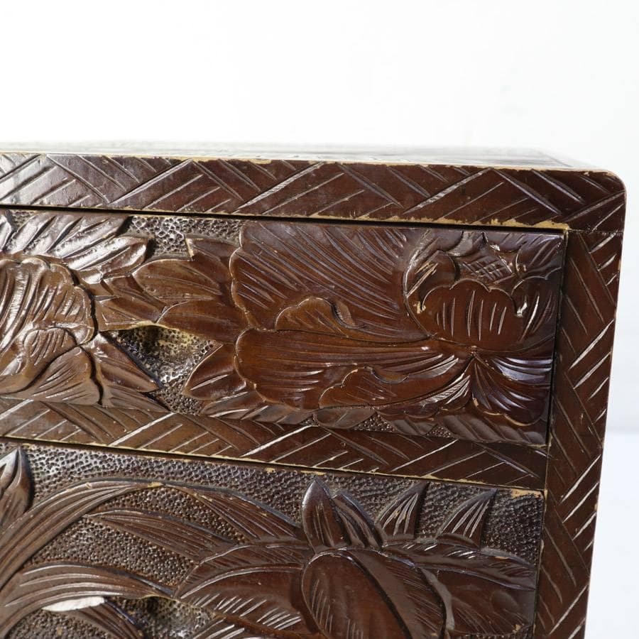 伝統工芸 日光彫 小引き出し 3段 小箪笥 小物入れ 牡丹柄