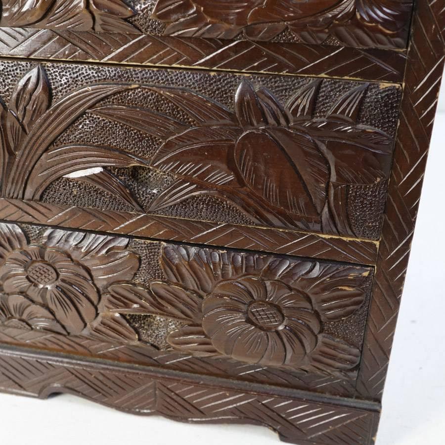 伝統工芸 日光彫 小引き出し 3段 小箪笥 小物入れ 牡丹柄