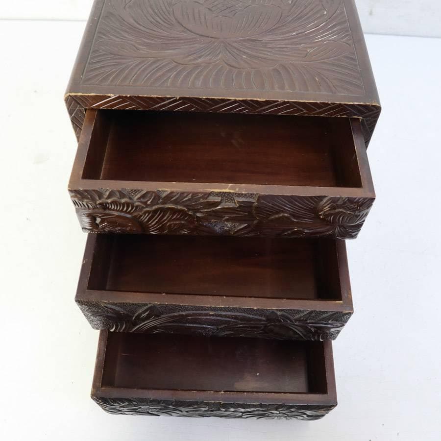 伝統工芸 日光彫 小引き出し 3段 小箪笥 小物入れ 牡丹柄