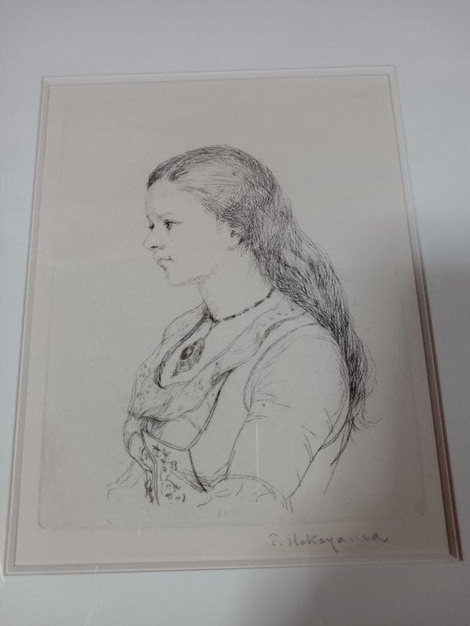 中山忠彦作　銅版画　「首飾りの美女」　額付　サイン有　真作保証品