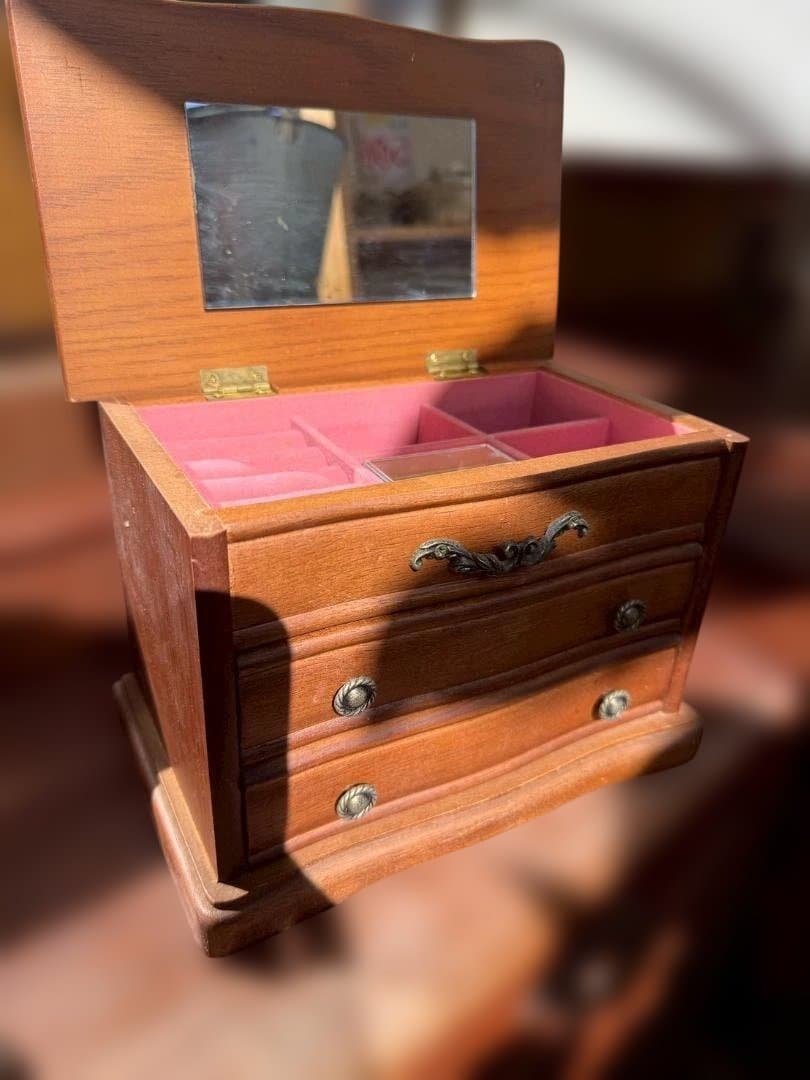 木製 ジュエリーボックス 3段 ミラー付き アクセサリーケース アンティーク調