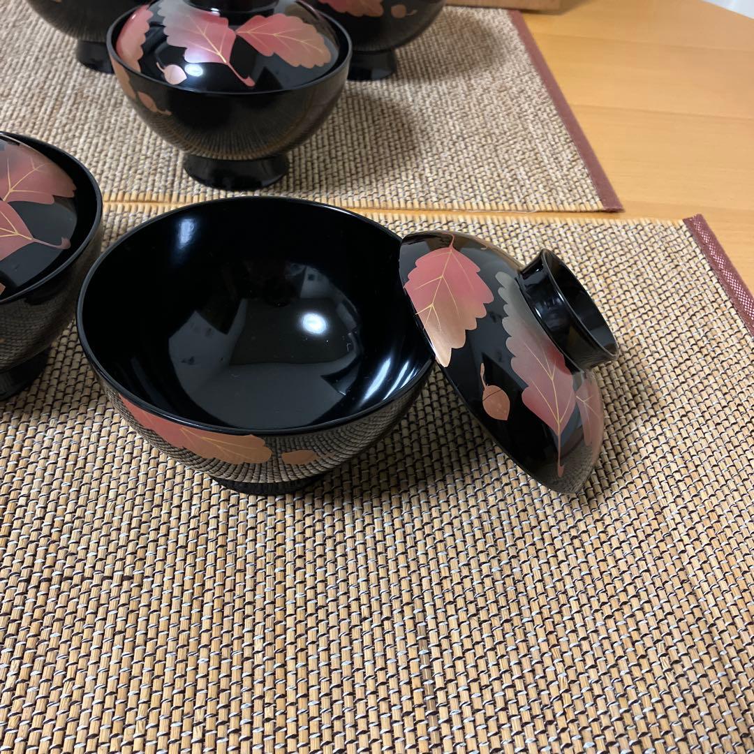 【未使用】辰三作　会津塗　柏葉　蒔絵　特選　腰高　吸物椀　汁椀　5客