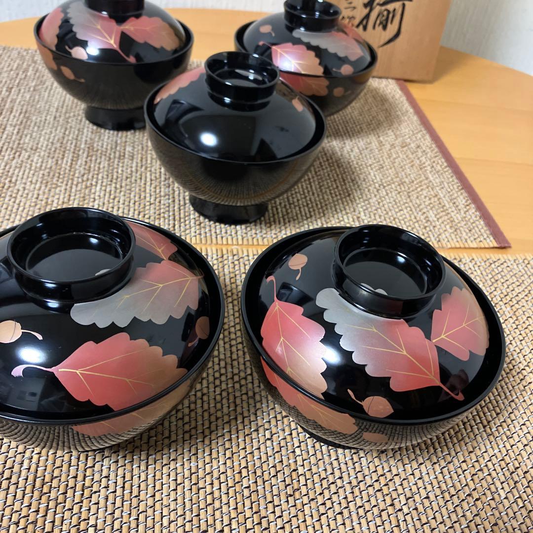 【未使用】辰三作　会津塗　柏葉　蒔絵　特選　腰高　吸物椀　汁椀　5客