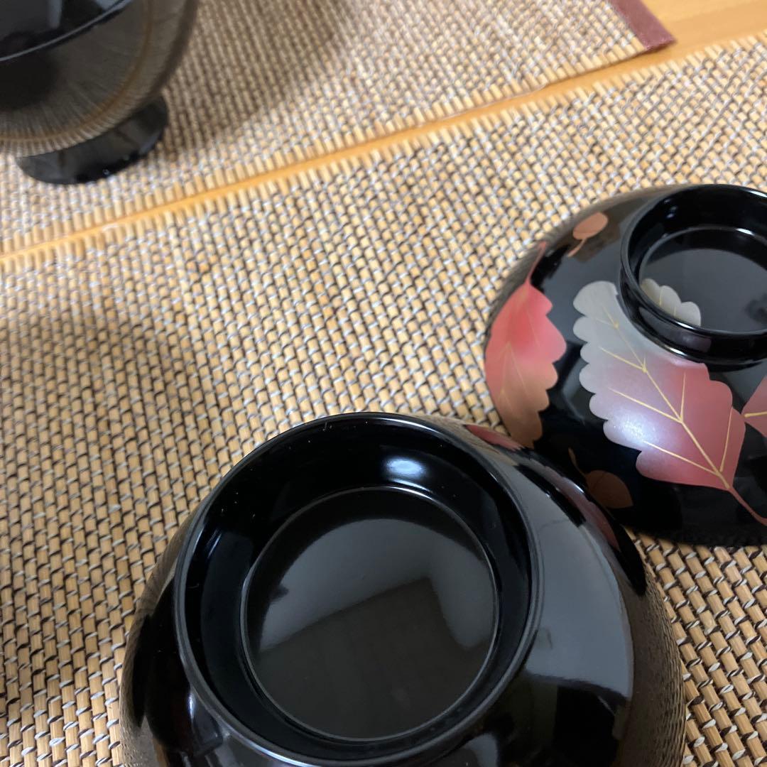 【未使用】辰三作　会津塗　柏葉　蒔絵　特選　腰高　吸物椀　汁椀　5客