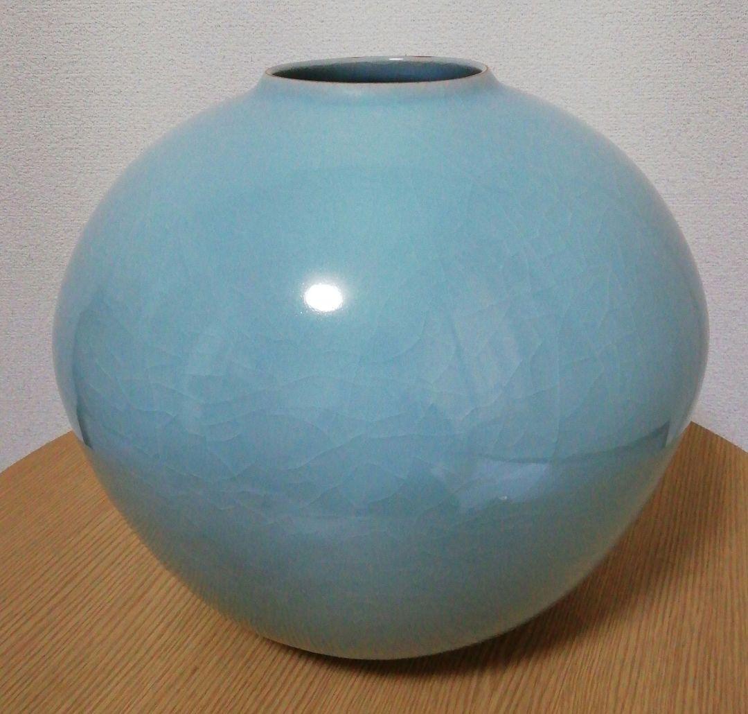 小野卓作　青磁　大壺　花入　共箱　略歴付　花瓶