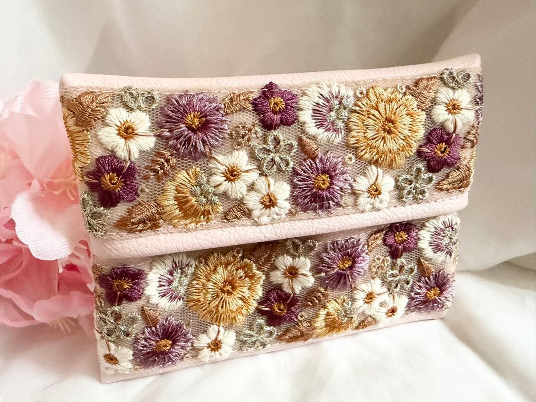 ポケットティッシュケース　インド刺繍リボン　合皮　　ピンク　No.114