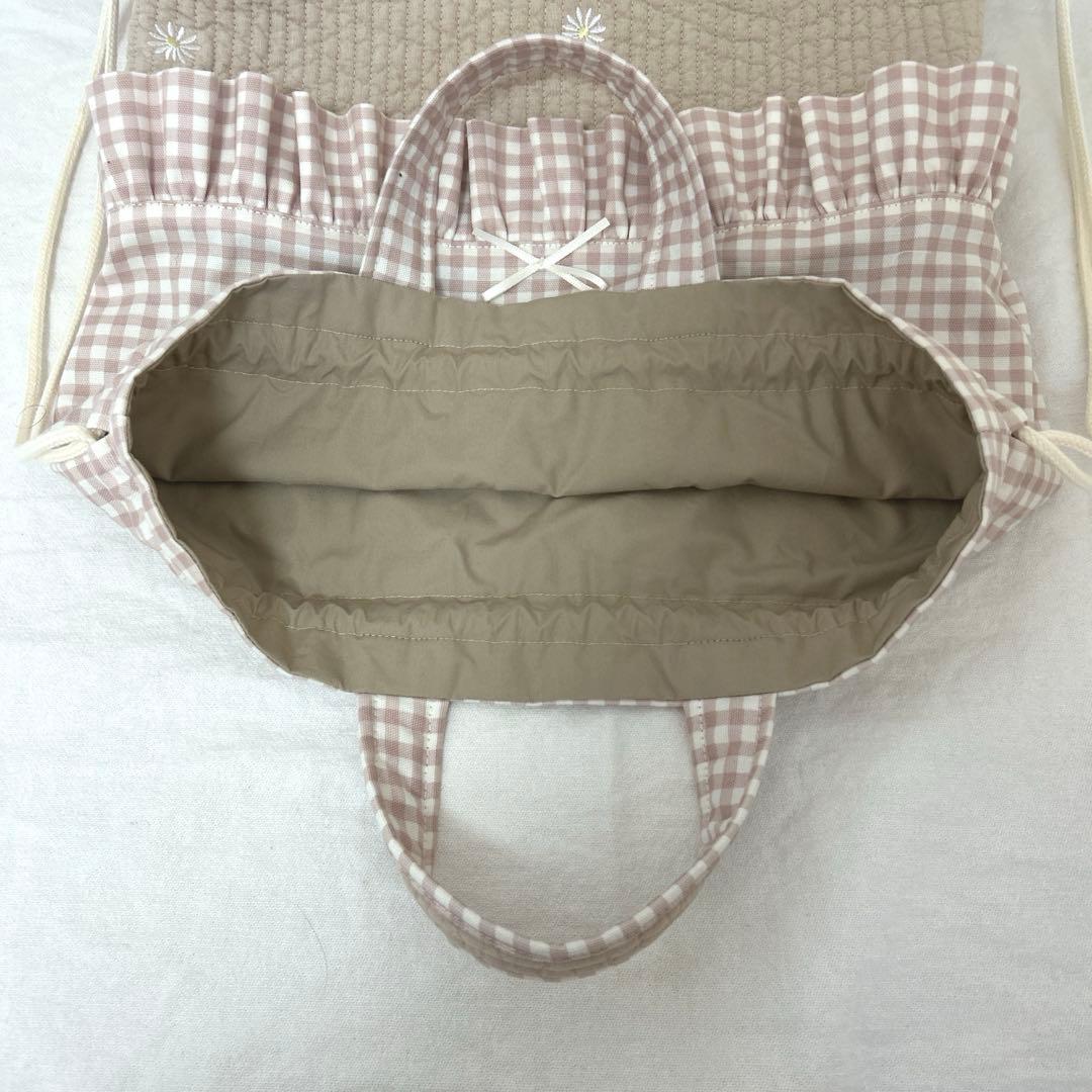 入園入学5点セット　【ベージュお花ヌビ×くすみピンク】　女の子　大きめ　手提げ