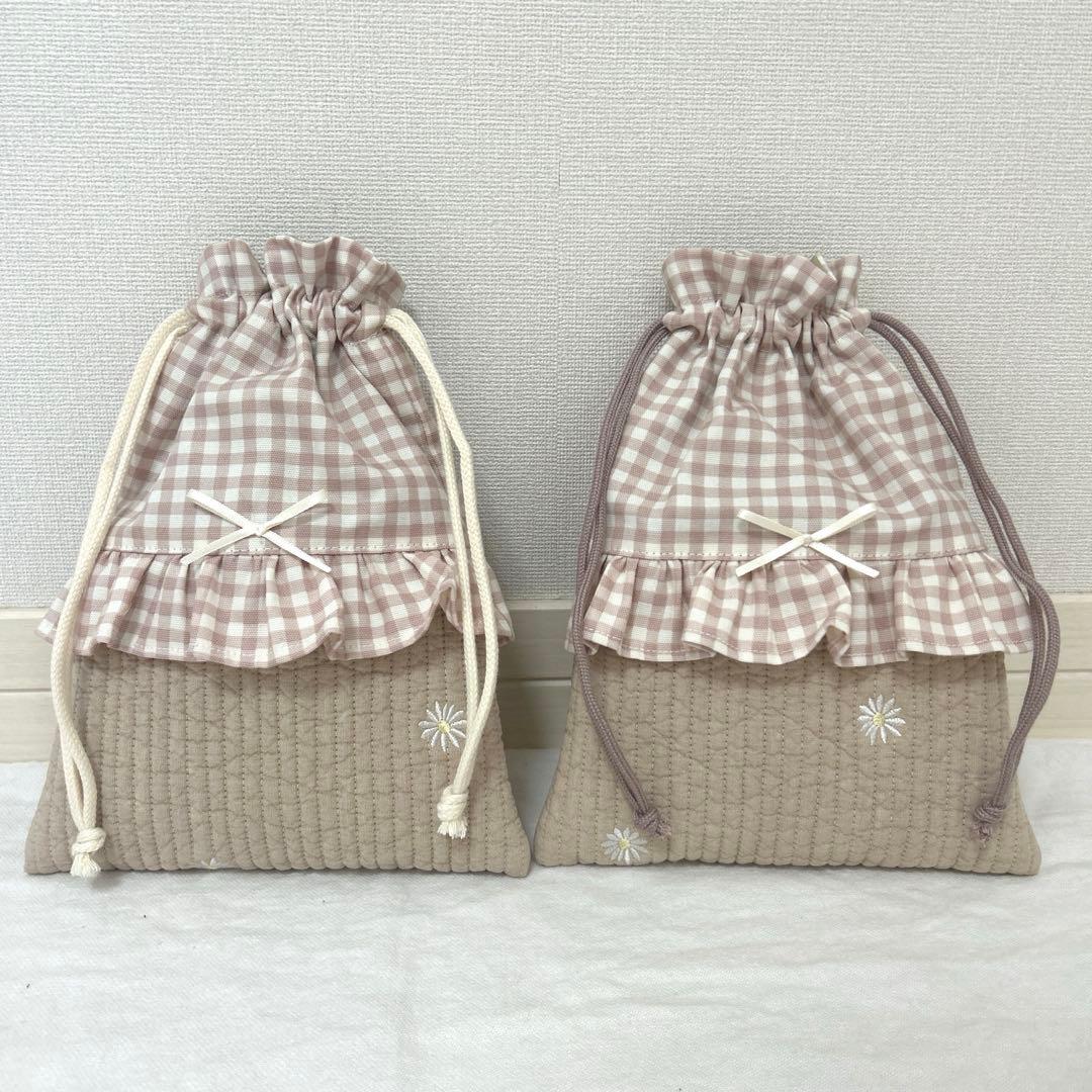 入園入学5点セット　【ベージュお花ヌビ×くすみピンク】　女の子　大きめ　手提げ