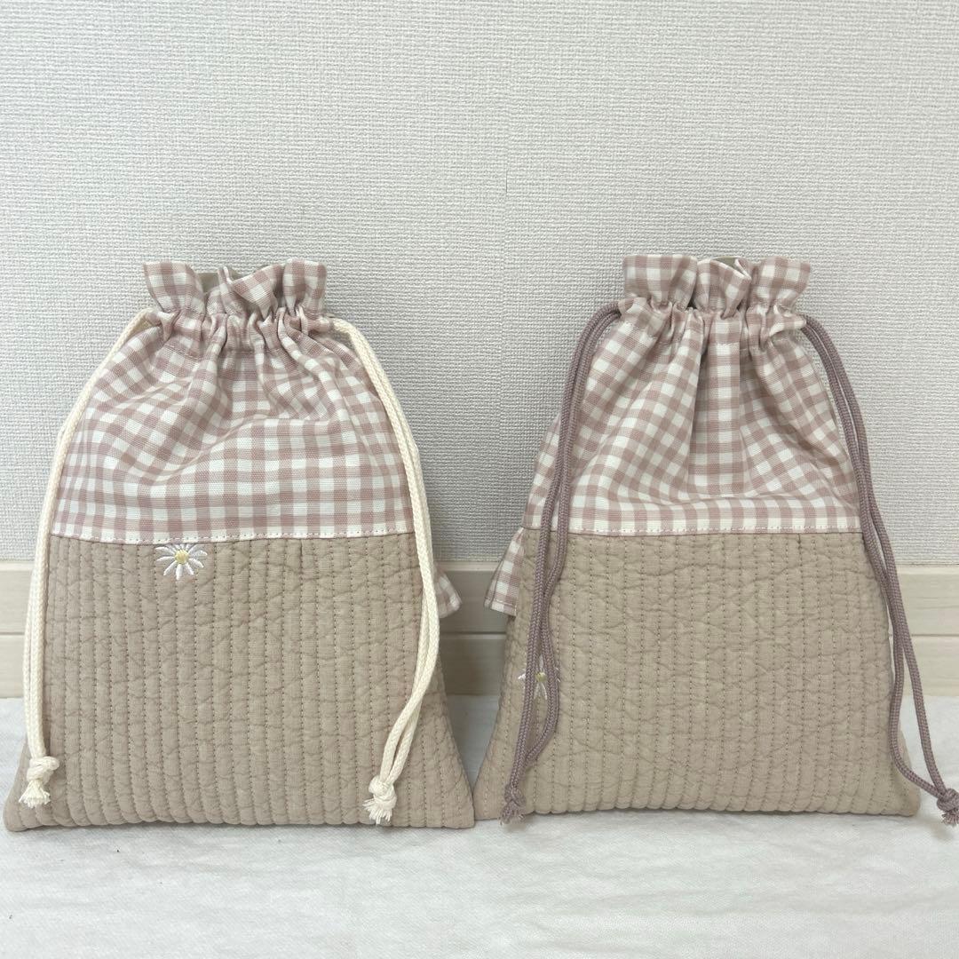 入園入学5点セット　【ベージュお花ヌビ×くすみピンク】　女の子　大きめ　手提げ