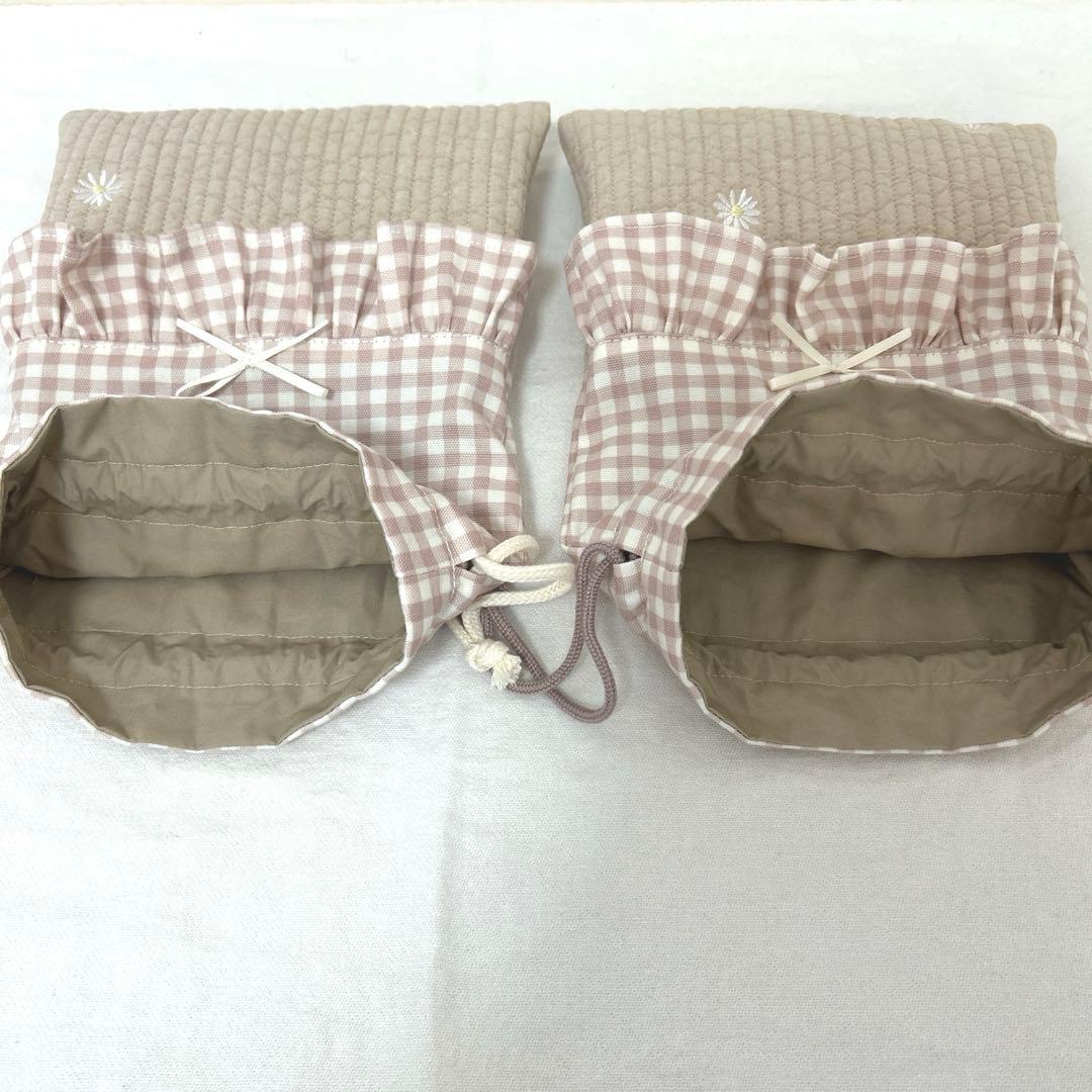 入園入学5点セット　【ベージュお花ヌビ×くすみピンク】　女の子　大きめ　手提げ