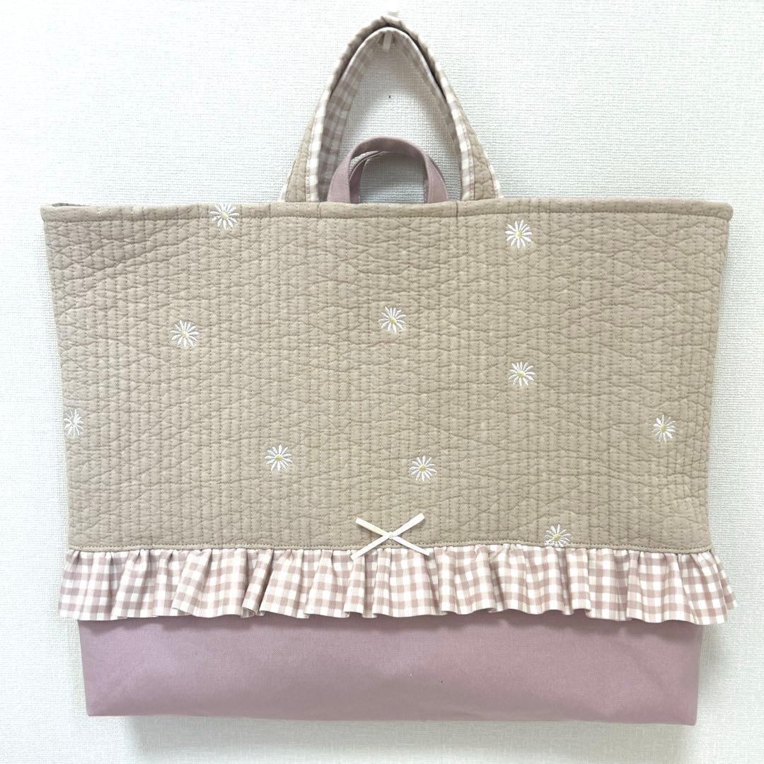 入園入学5点セット　【ベージュお花ヌビ×くすみピンク】　女の子　大きめ　手提げ