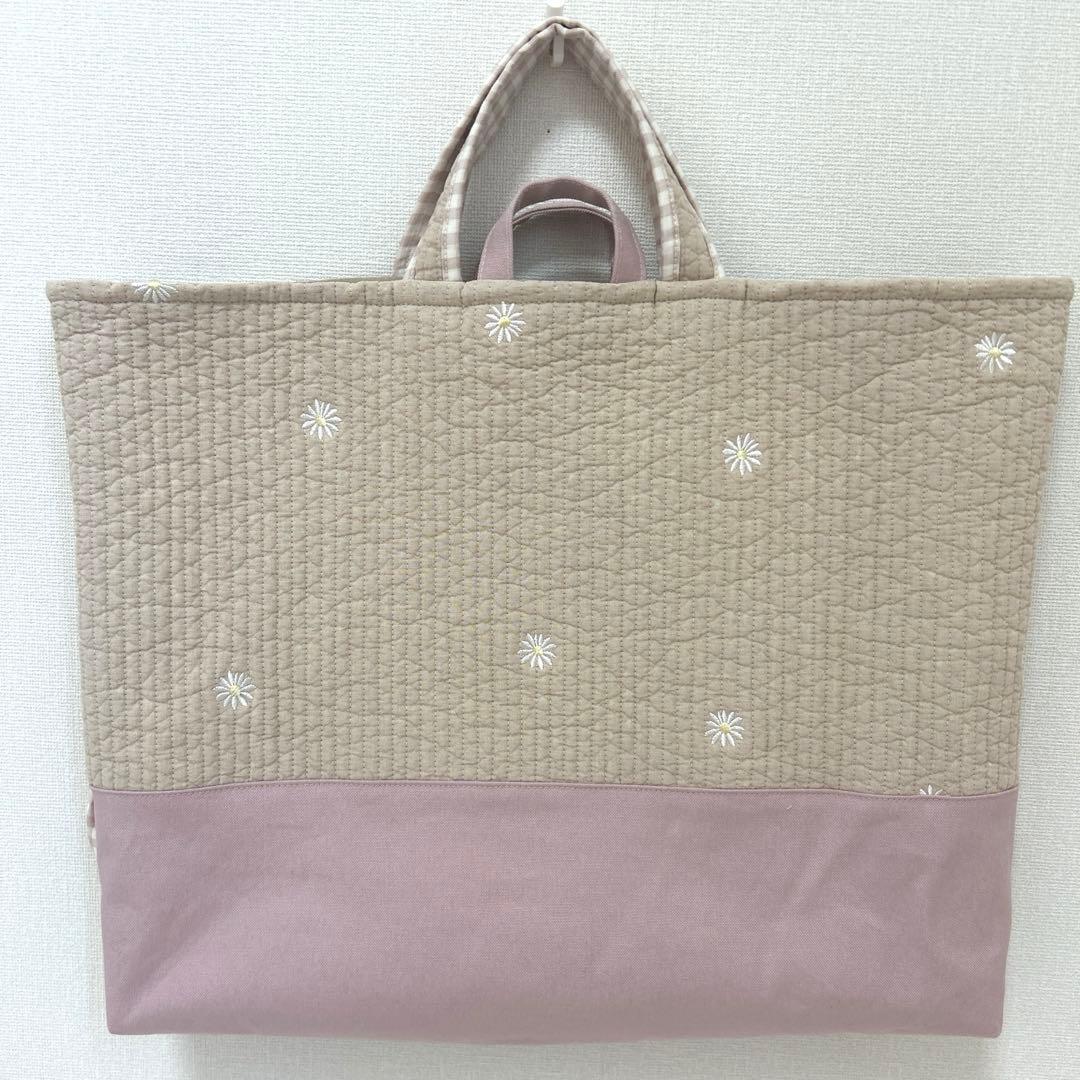 入園入学5点セット　【ベージュお花ヌビ×くすみピンク】　女の子　大きめ　手提げ