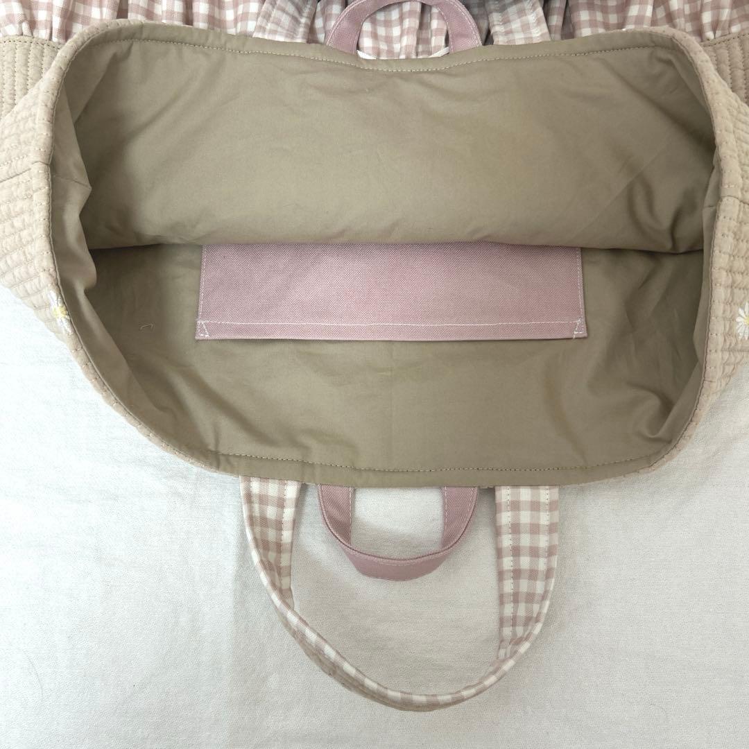 入園入学5点セット　【ベージュお花ヌビ×くすみピンク】　女の子　大きめ　手提げ