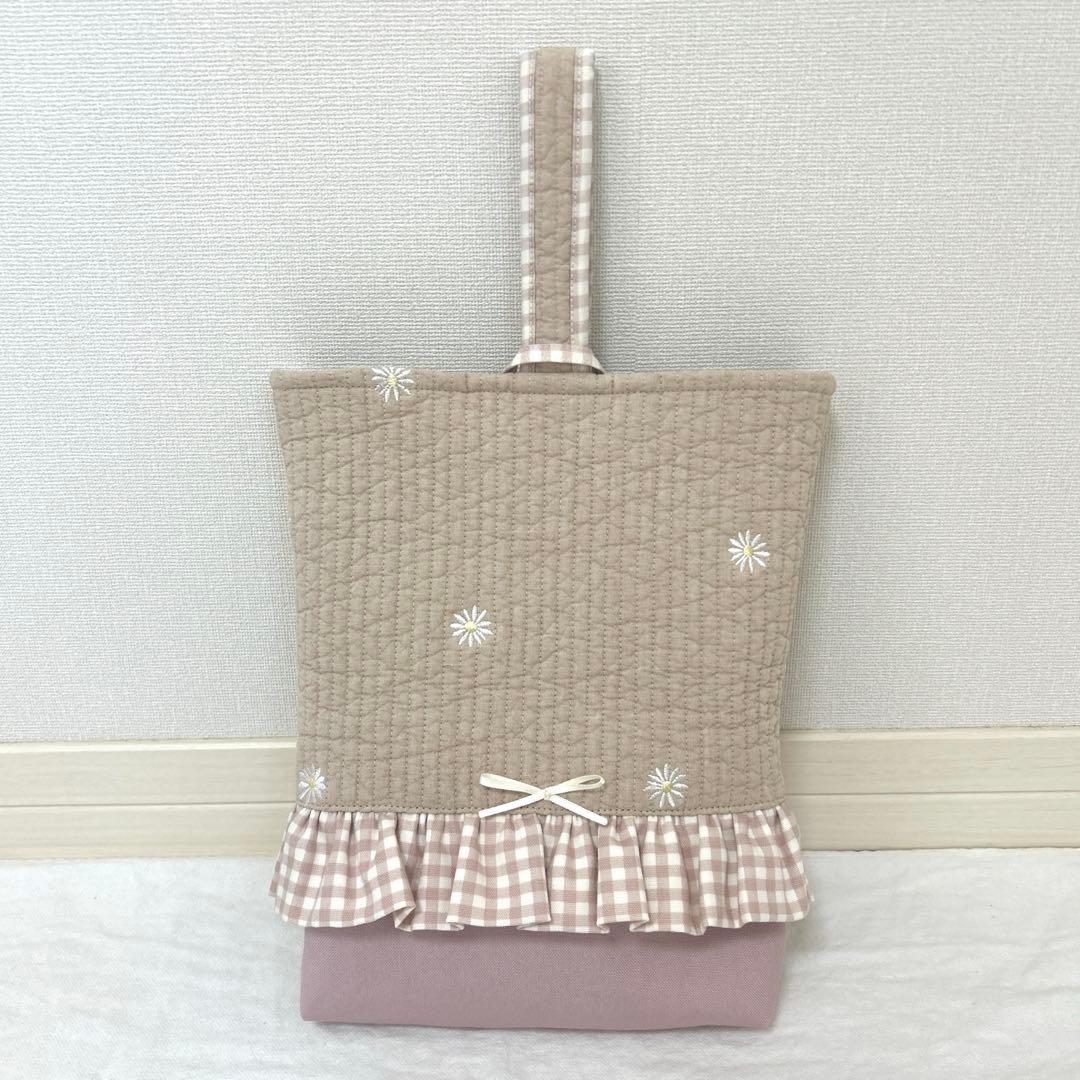 入園入学5点セット　【ベージュお花ヌビ×くすみピンク】　女の子　大きめ　手提げ
