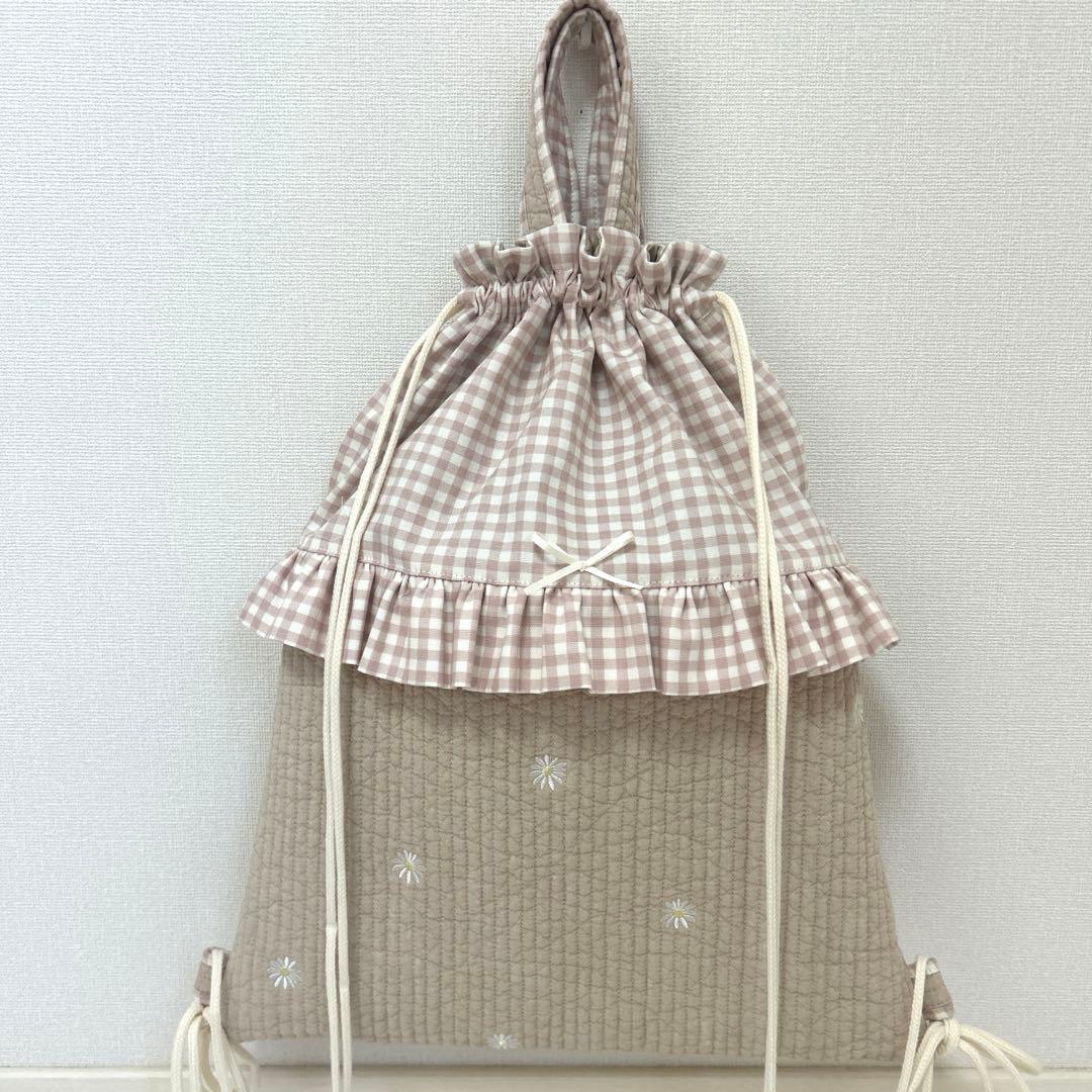 入園入学5点セット　【ベージュお花ヌビ×くすみピンク】　女の子　大きめ　手提げ