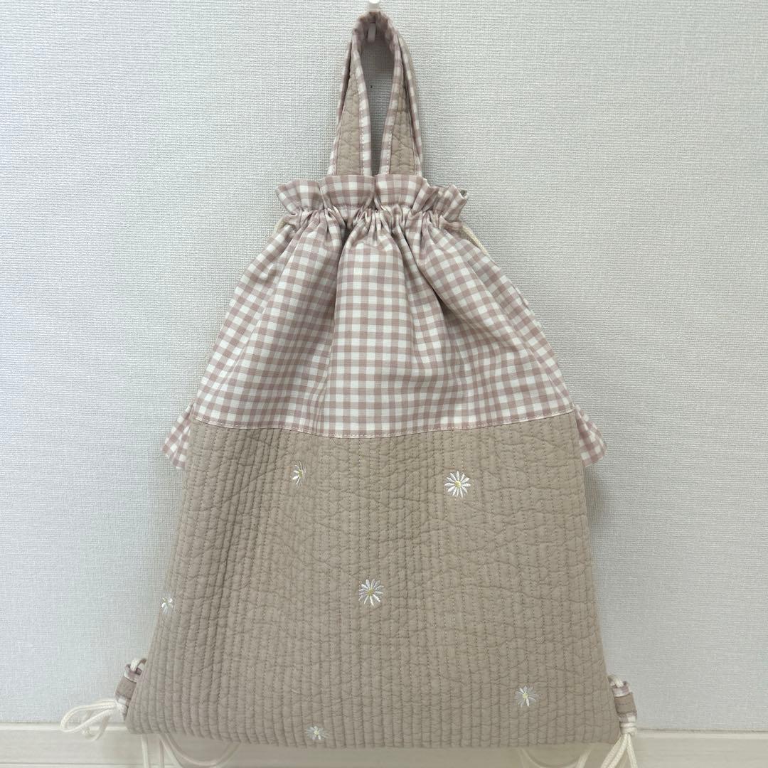 入園入学5点セット　【ベージュお花ヌビ×くすみピンク】　女の子　大きめ　手提げ