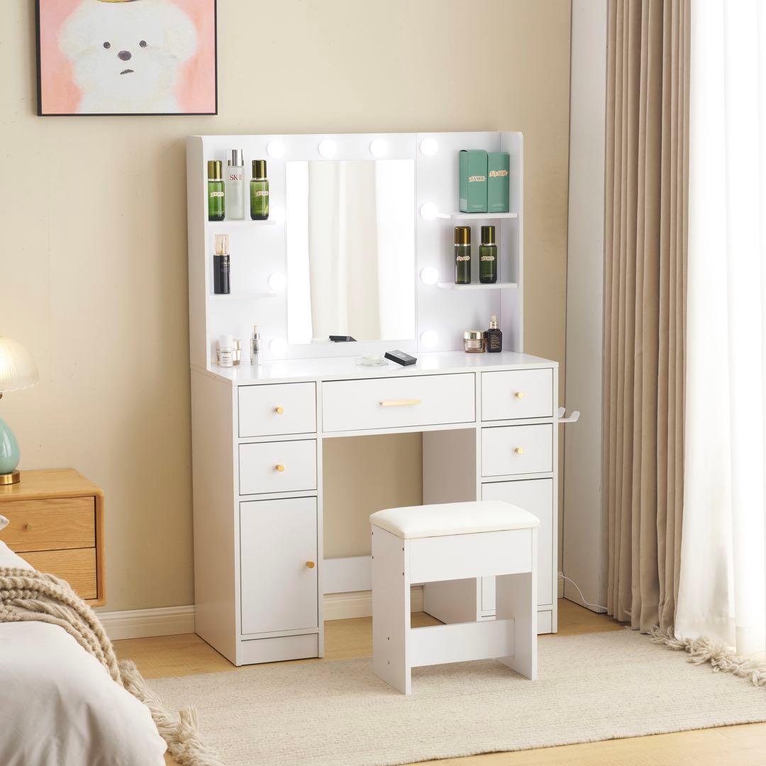 【新品】LED女優ミラードレッサー コンセント付き 収納&椅子セット