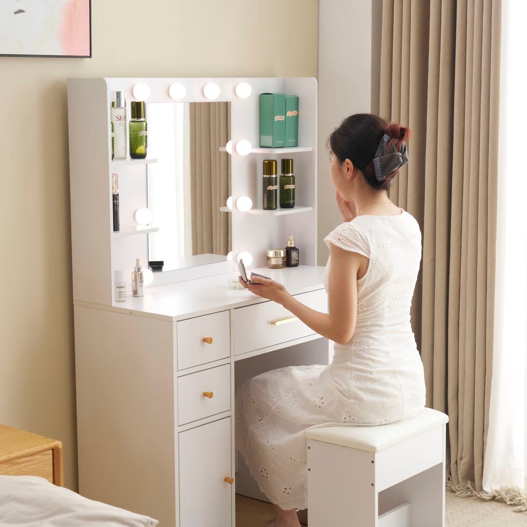 【新品】LED女優ミラードレッサー コンセント付き 収納&椅子セット