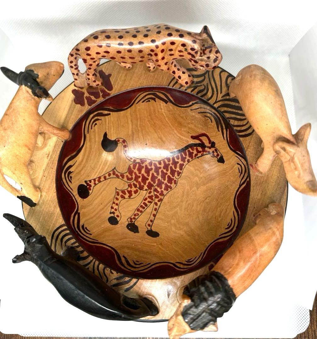 ケニア産　ハンドメイド　動物 木彫りアフリカンスタイル 木製動物彫刻ボウル