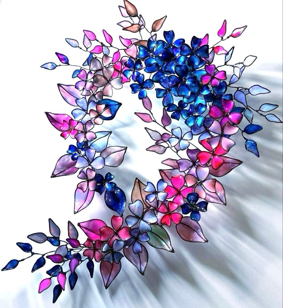 大きなフラワーボタニカルリース　ワイヤークラフト　ディップアート　アート