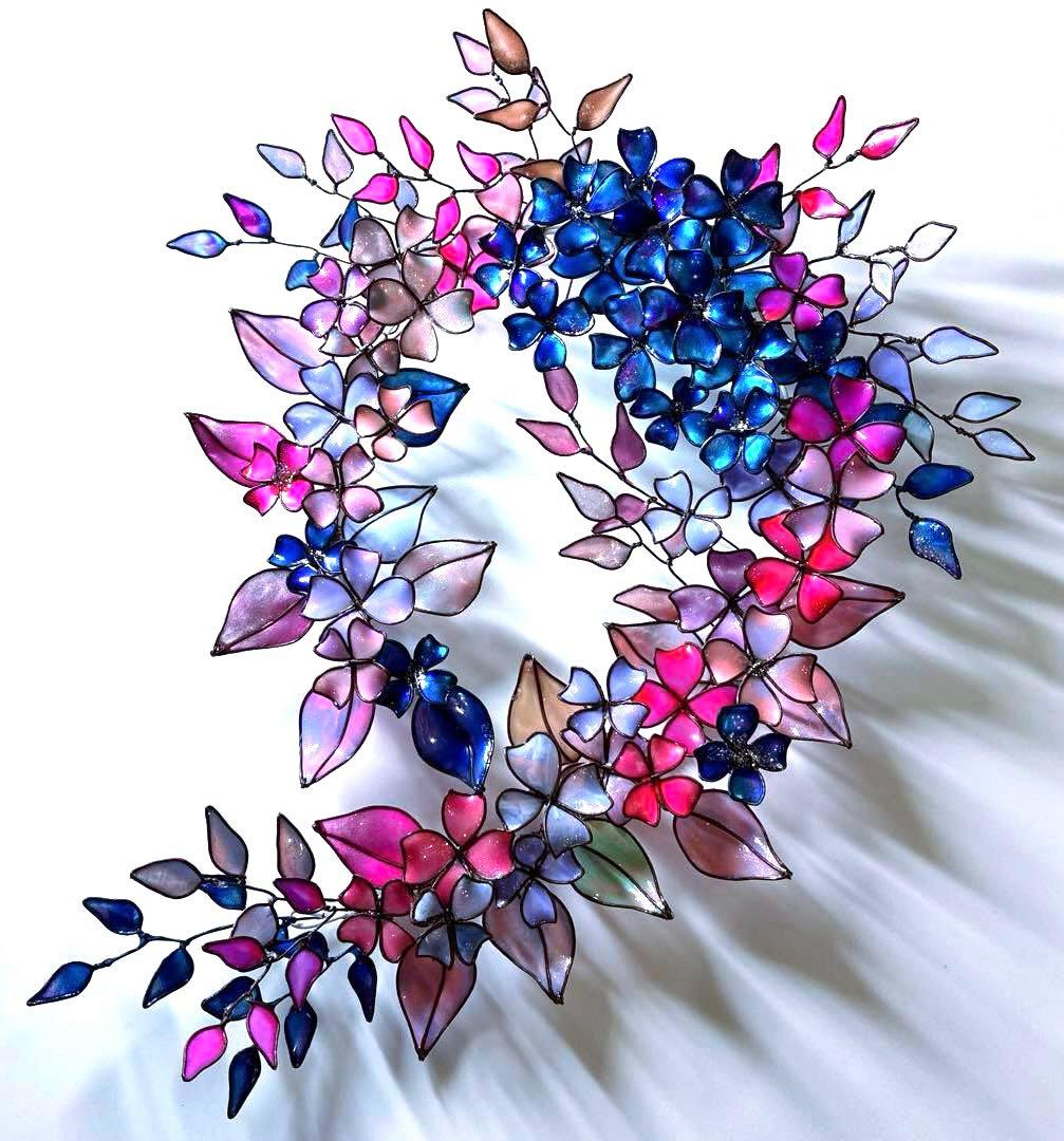 大きなフラワーボタニカルリース　ワイヤークラフト　ディップアート　アート