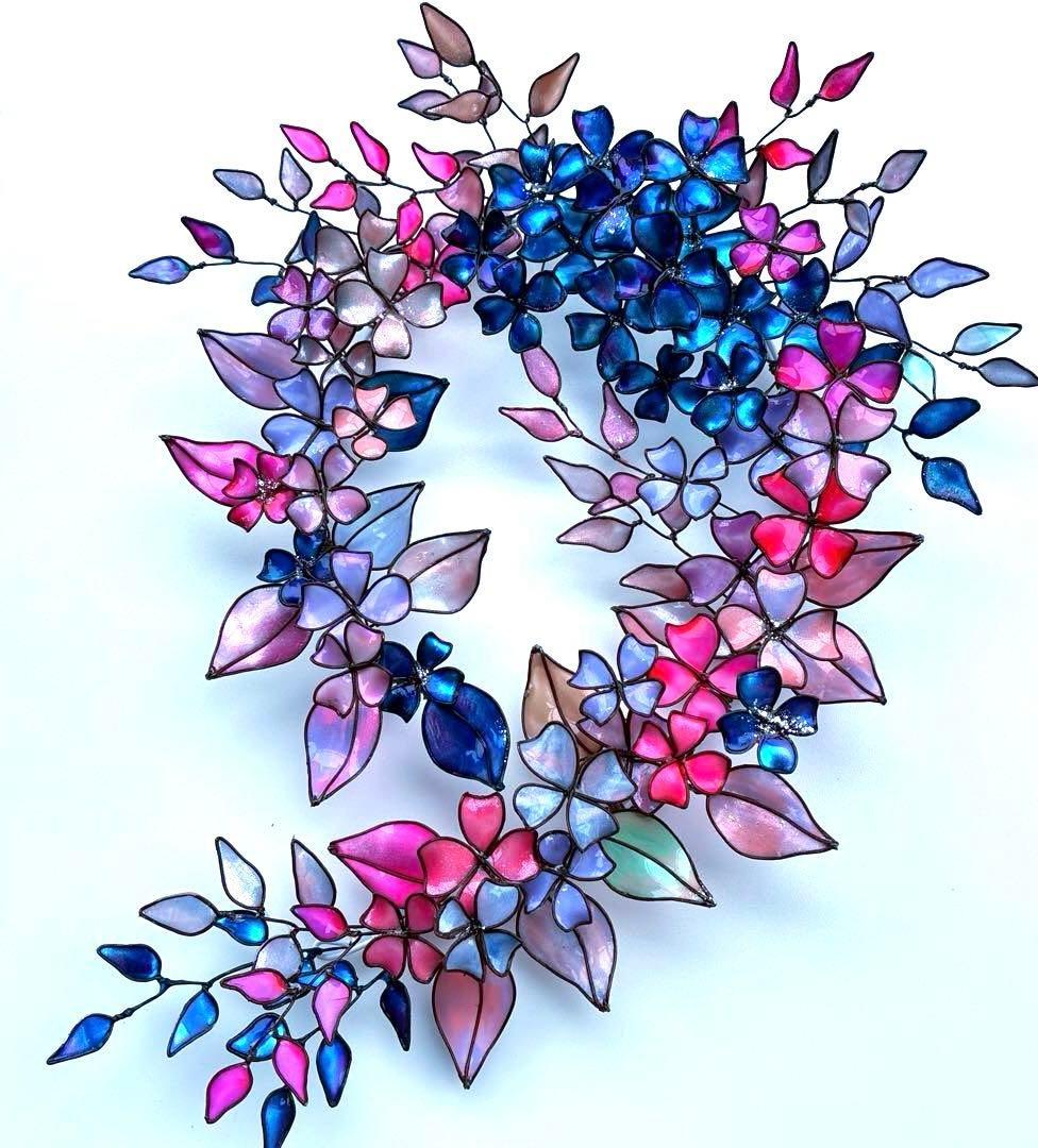 大きなフラワーボタニカルリース　ワイヤークラフト　ディップアート　アート