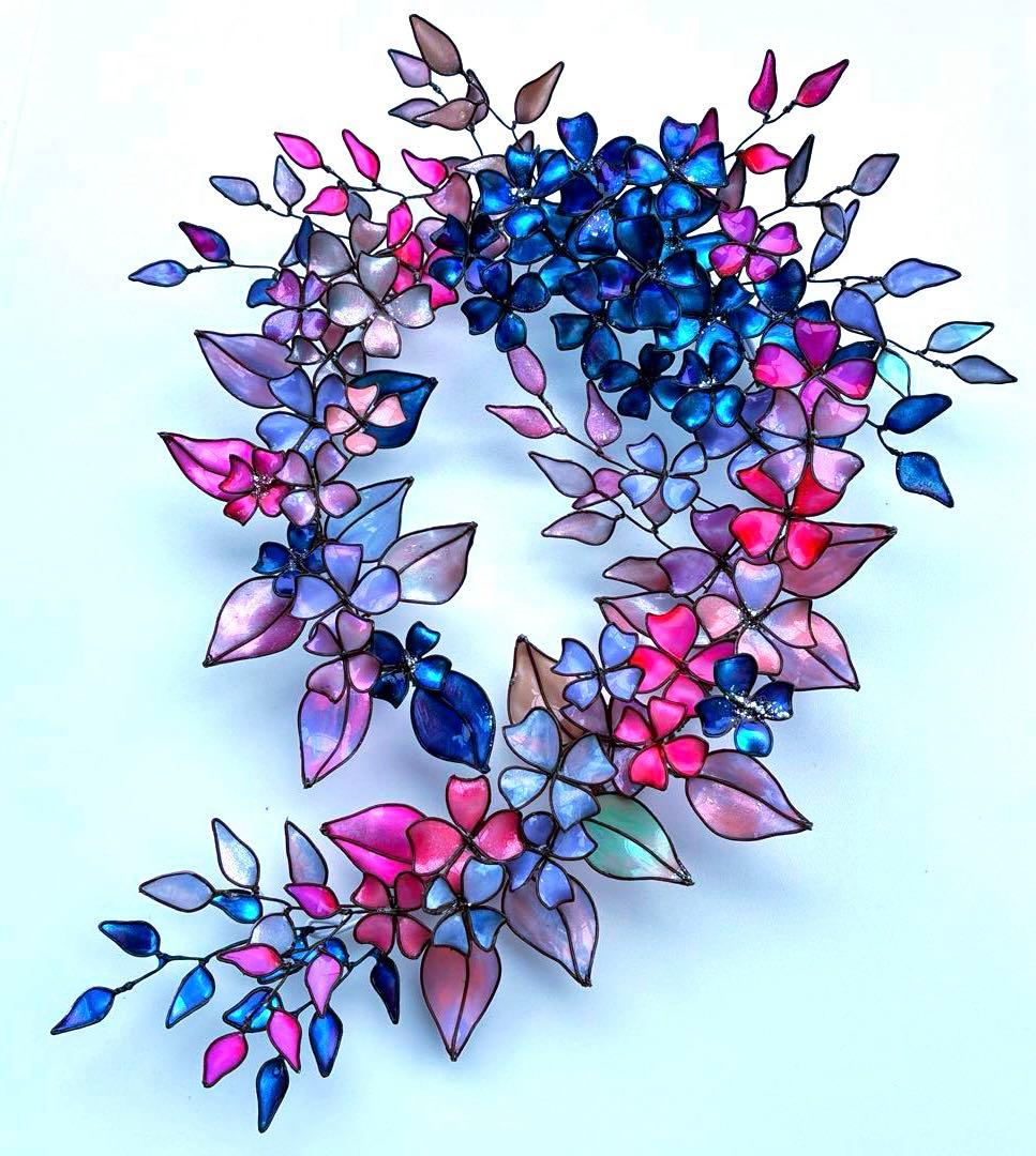 大きなフラワーボタニカルリース　ワイヤークラフト　ディップアート　アート