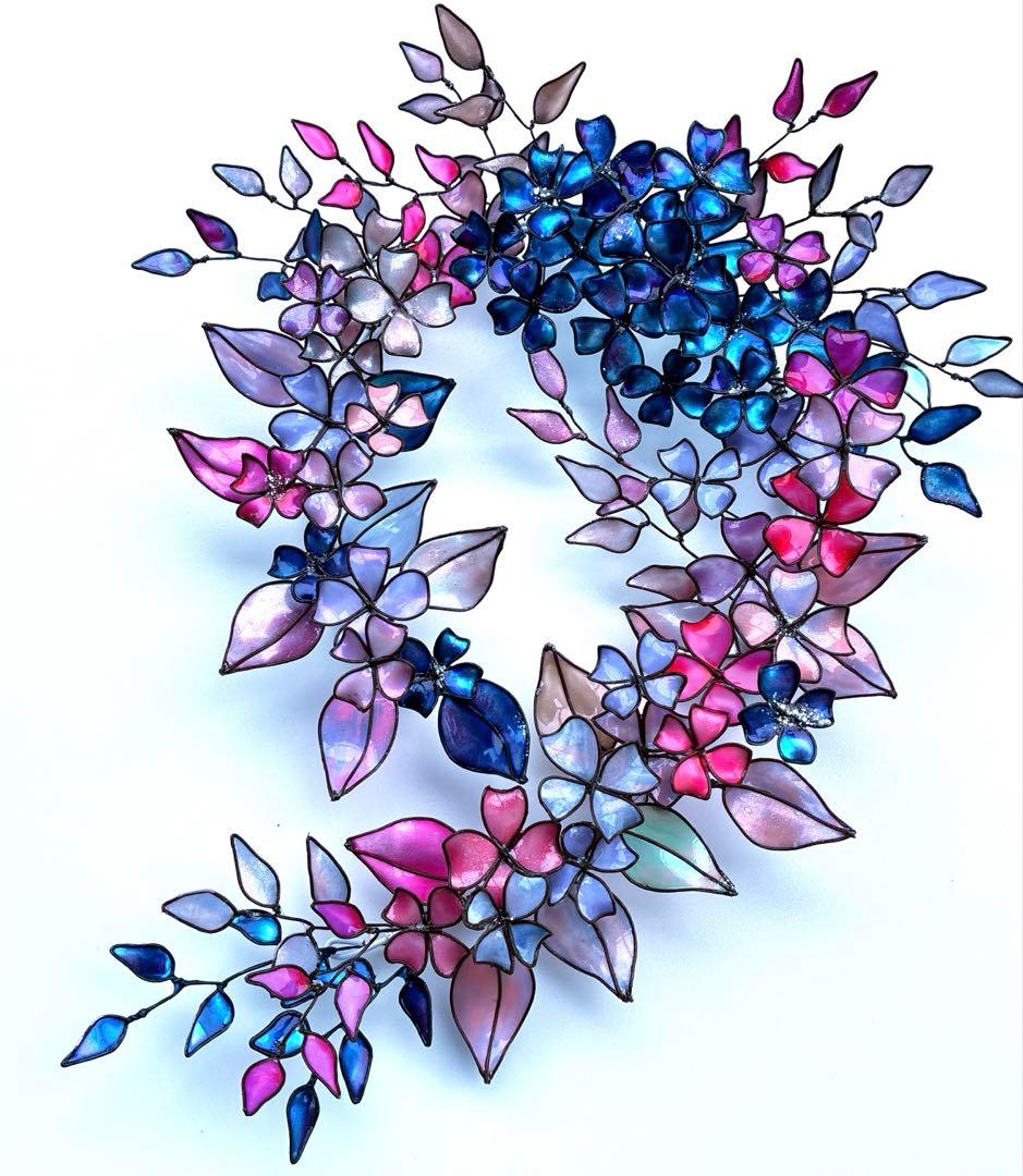 大きなフラワーボタニカルリース　ワイヤークラフト　ディップアート　アート