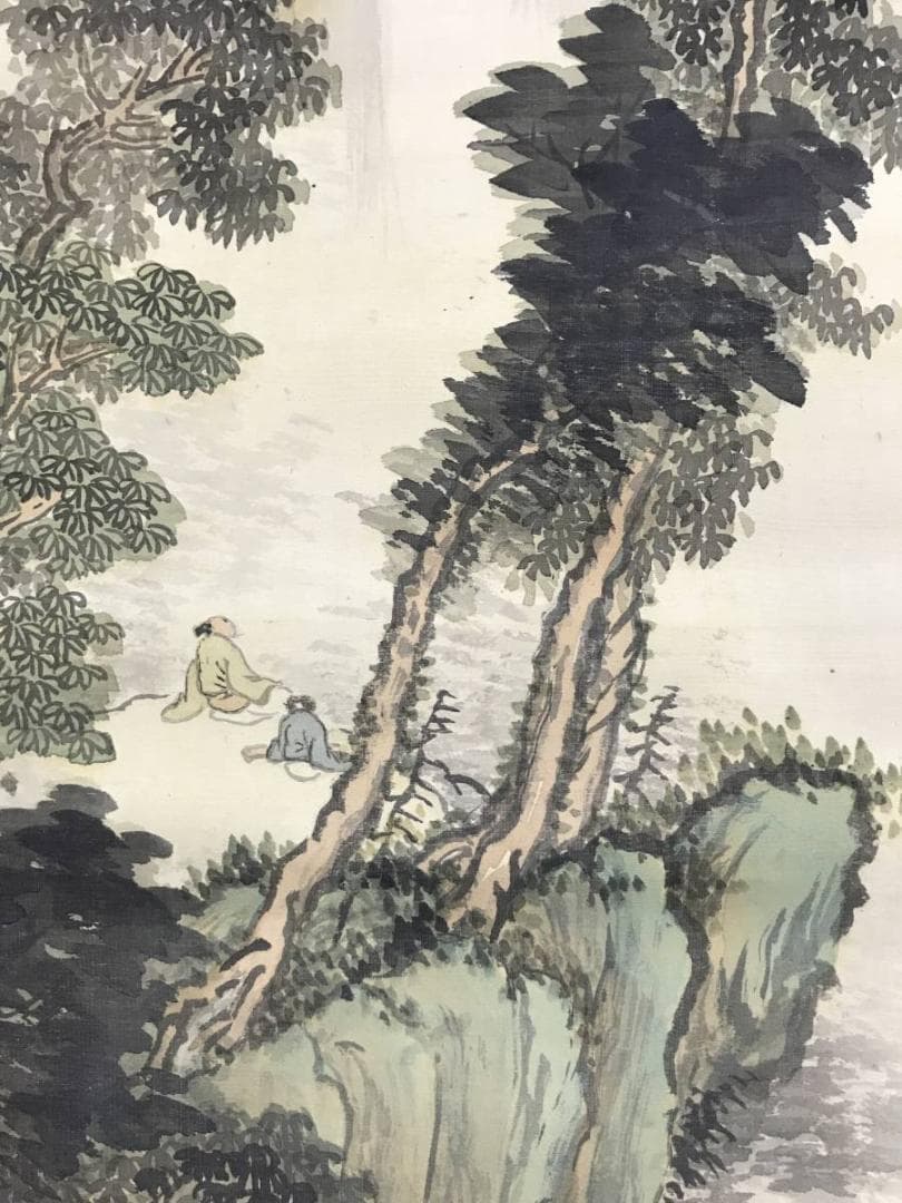 真作/河邨虹外/観瀑画賛/山水図/滝山水人物図/掛軸/名家伝来/AE-222