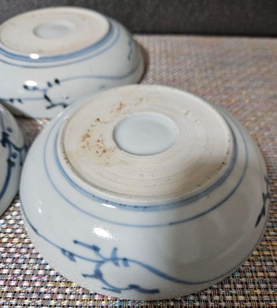 江戸時代中期～後期　古伊万里　染付　手描き　見込みに帆掛け舟の図　なます皿　3客