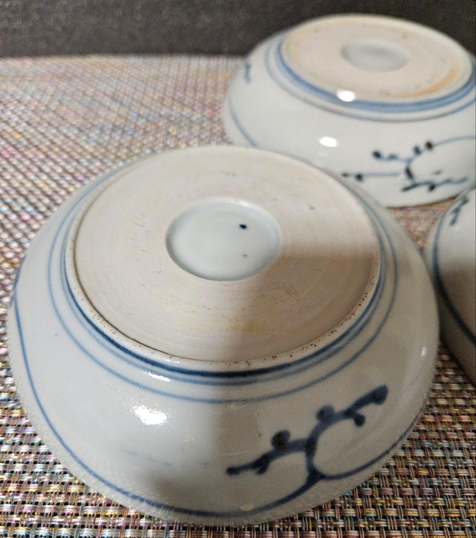 江戸時代中期～後期　古伊万里　染付　手描き　見込みに帆掛け舟の図　なます皿　3客