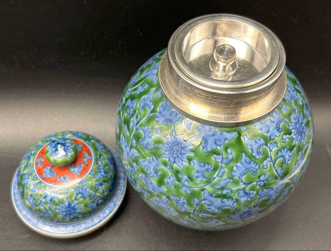 【希少】源右衛門窯　館林源右衛門　緑彩唐草文　錫口　茶壺　茶道具　有田焼 共箱