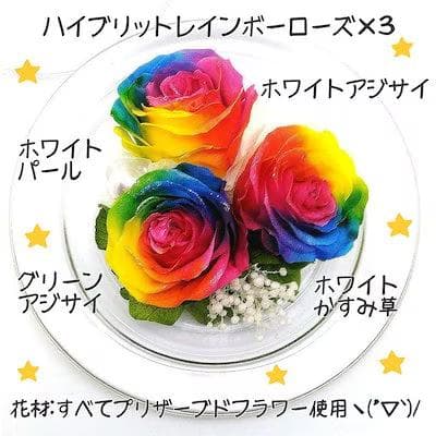 【高級プリザーブドフラワー】レインボーローズ ガラスドーム