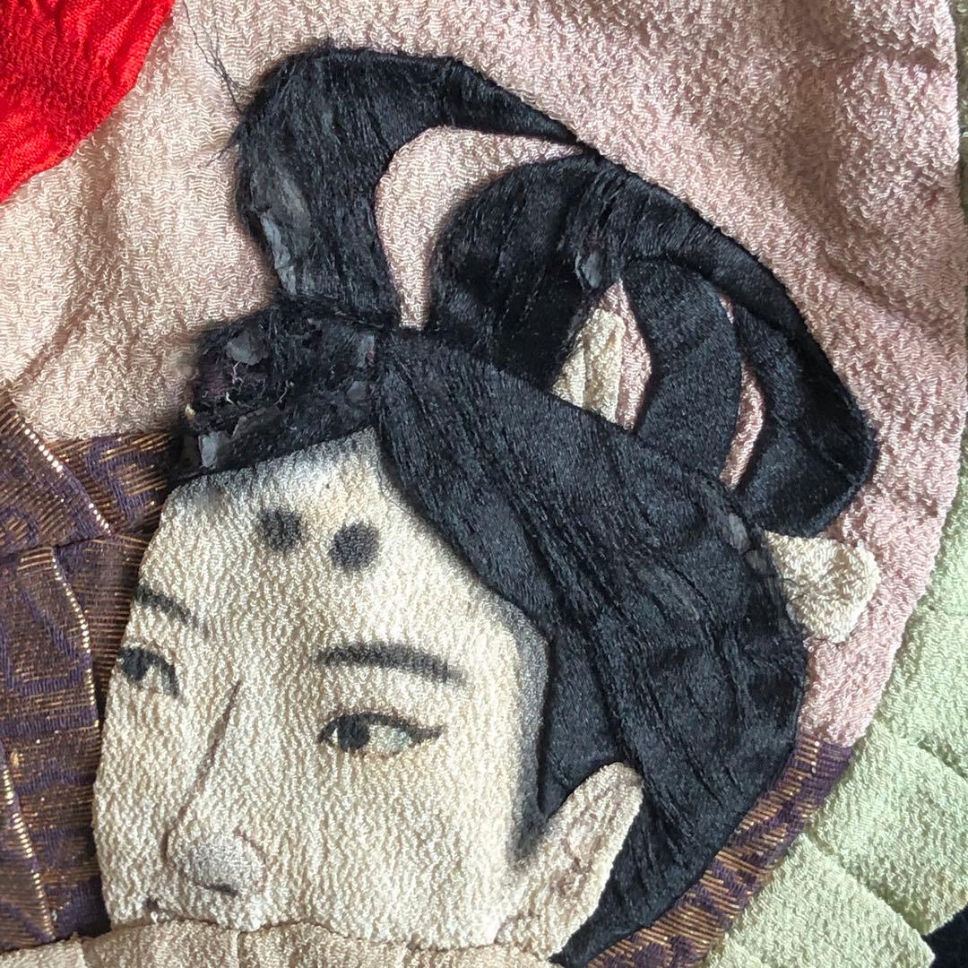 アンティーク　よどかけ　縮緬細工　古布　金糸刺繍　牛若丸図柄　傷有り