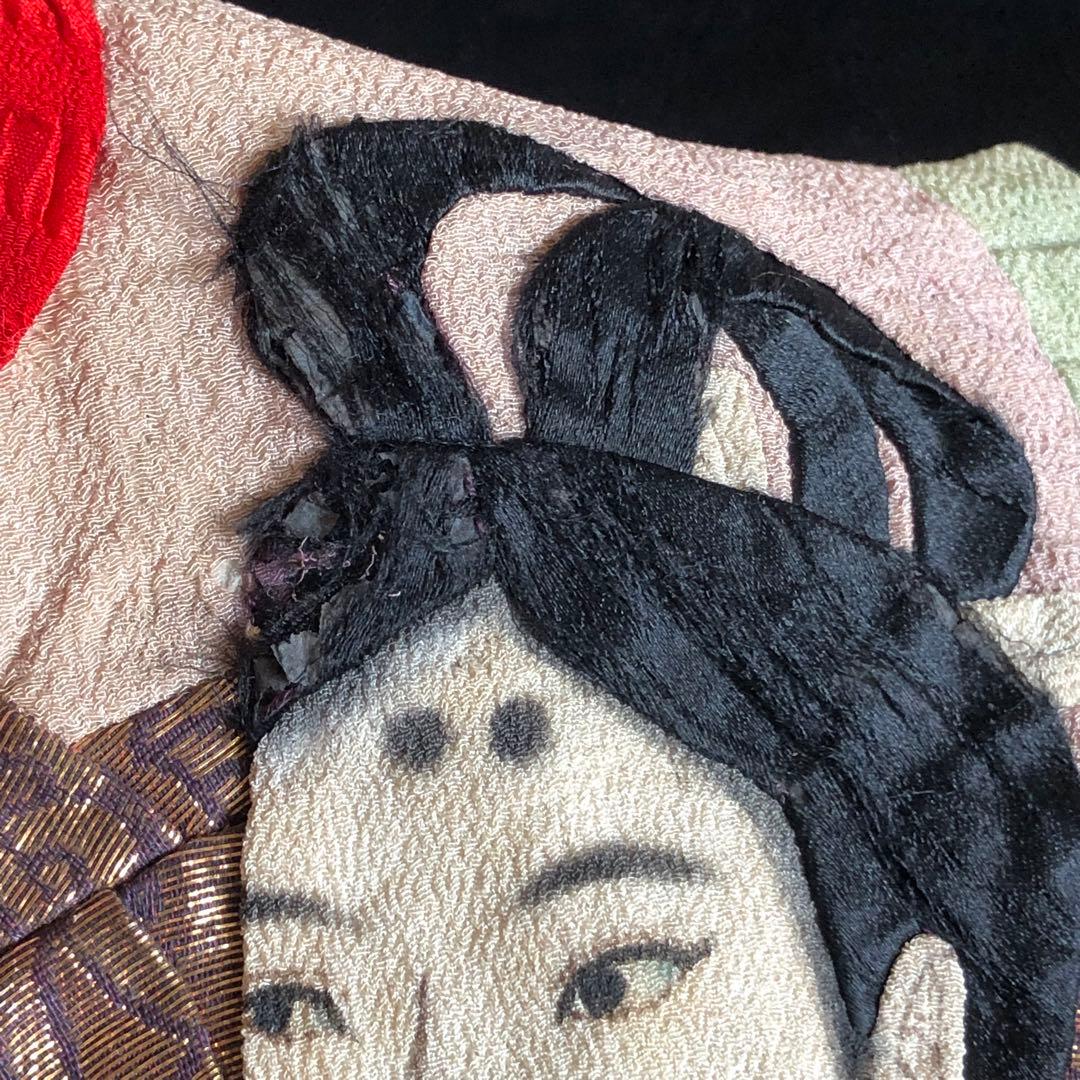 アンティーク　よどかけ　縮緬細工　古布　金糸刺繍　牛若丸図柄　傷有り