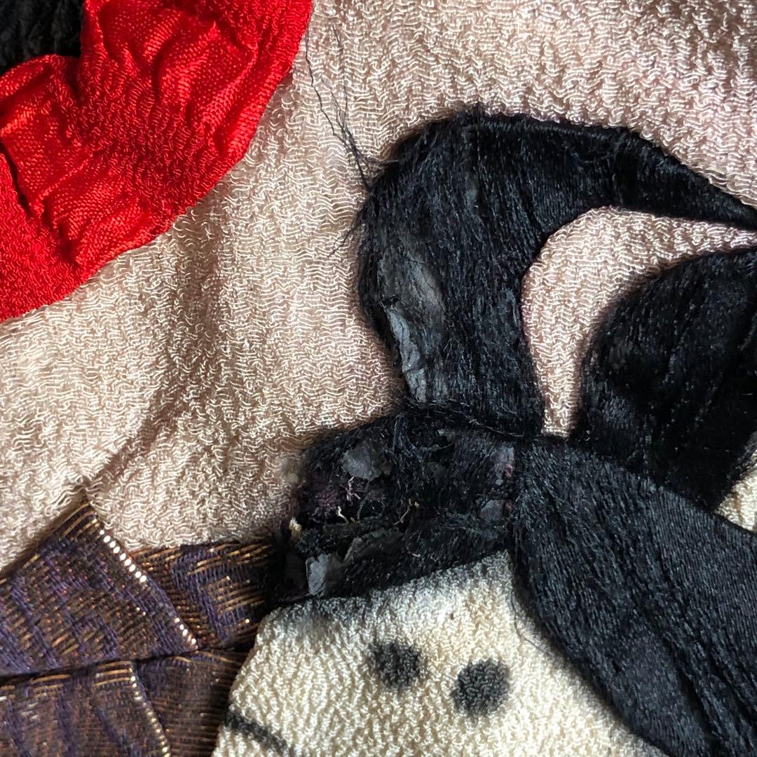 アンティーク　よどかけ　縮緬細工　古布　金糸刺繍　牛若丸図柄　傷有り