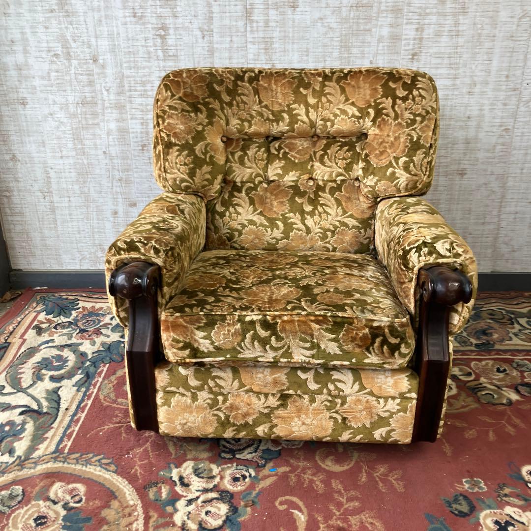 昭和レトロ カリモク 金華山 花柄ベロアソファ 一人掛けソファ アームチェア