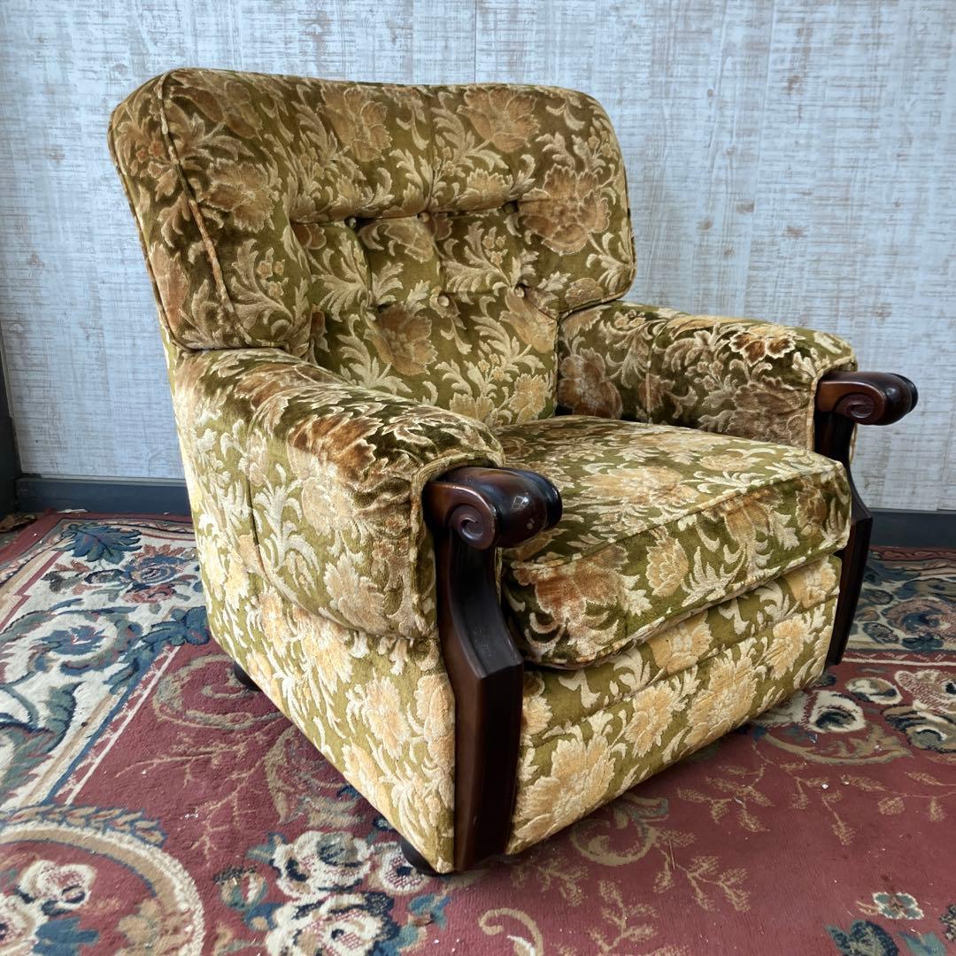 昭和レトロ カリモク 金華山 花柄ベロアソファ 一人掛けソファ アームチェア