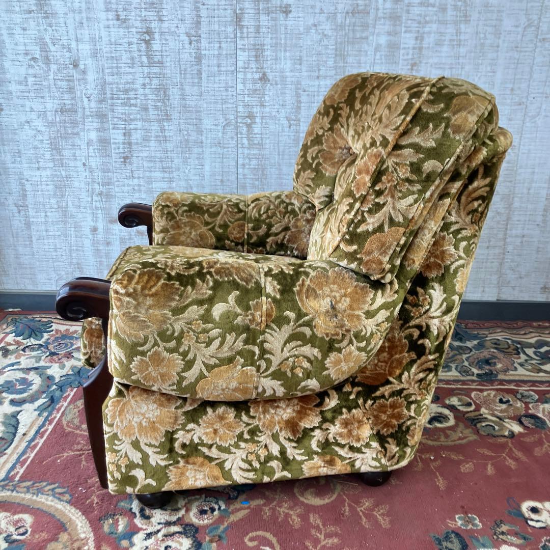 昭和レトロ カリモク 金華山 花柄ベロアソファ 一人掛けソファ アームチェア