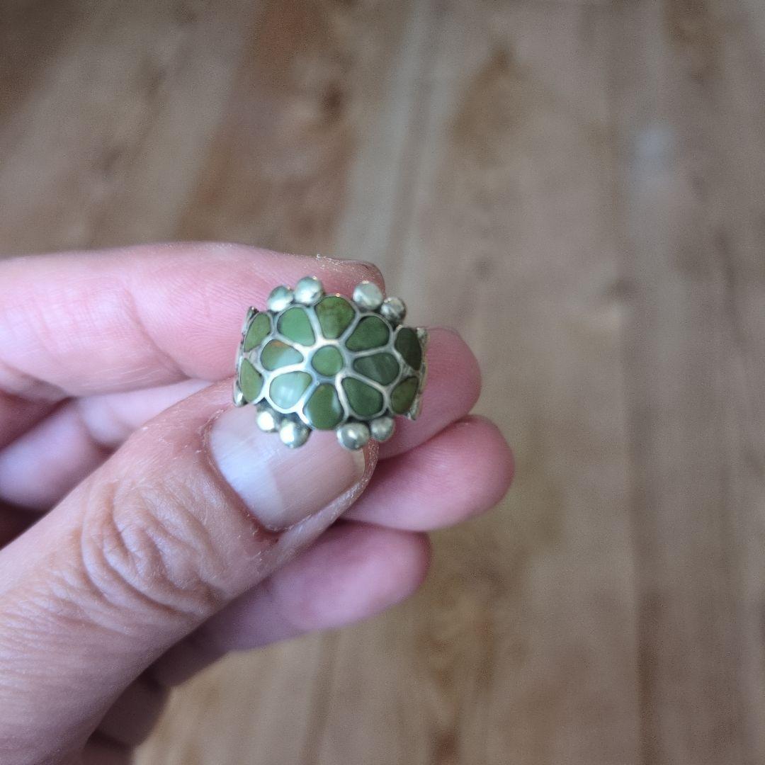 【希少・No.L5】ヴィンテージ お花リング インレイ細工 シルバー 職人彫金