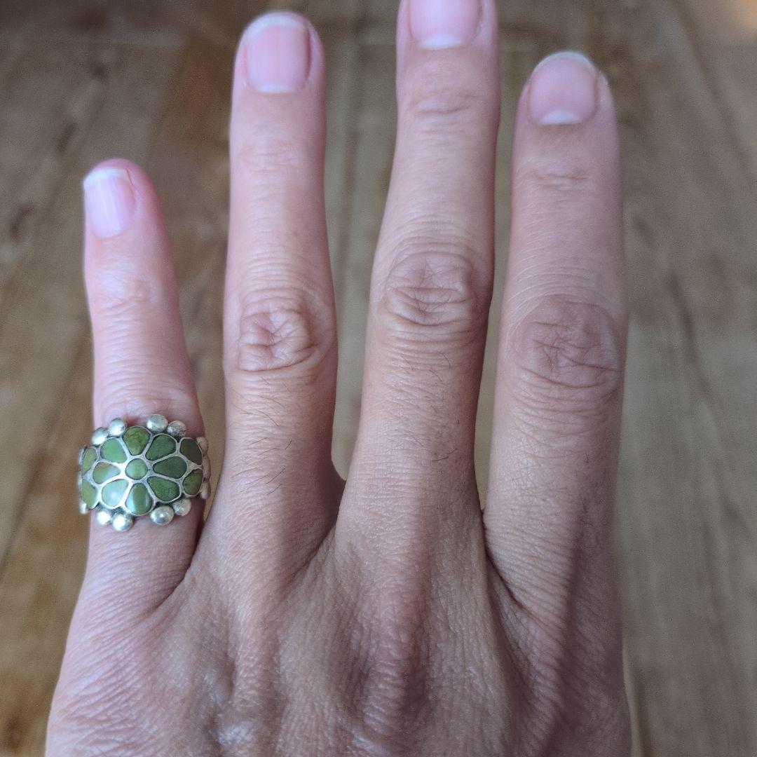 【希少・No.L5】ヴィンテージ お花リング インレイ細工 シルバー 職人彫金