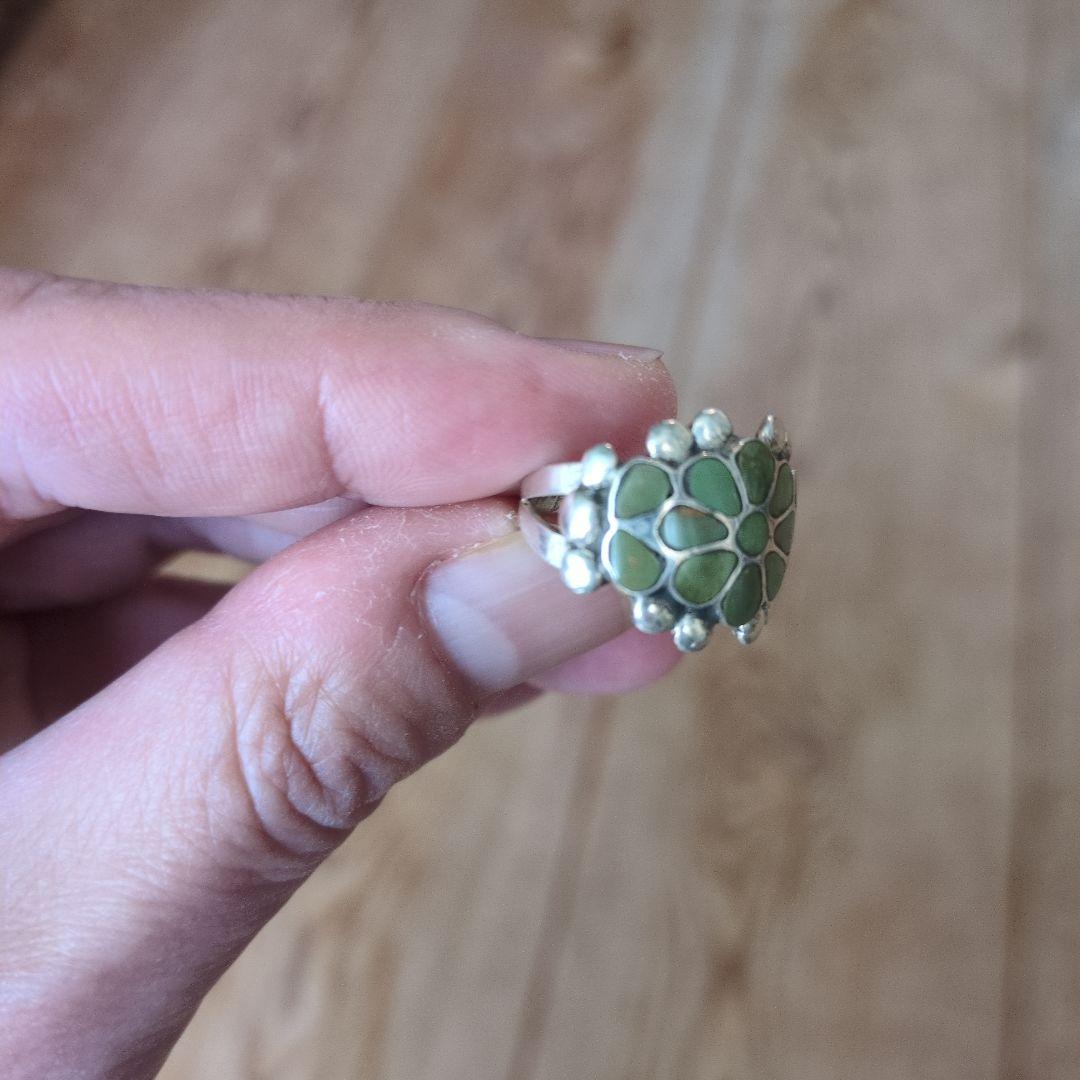 【希少・No.L5】ヴィンテージ お花リング インレイ細工 シルバー 職人彫金