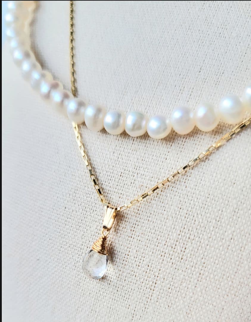クリスタル×淡水パール◇2連ネックレス◇14KGF