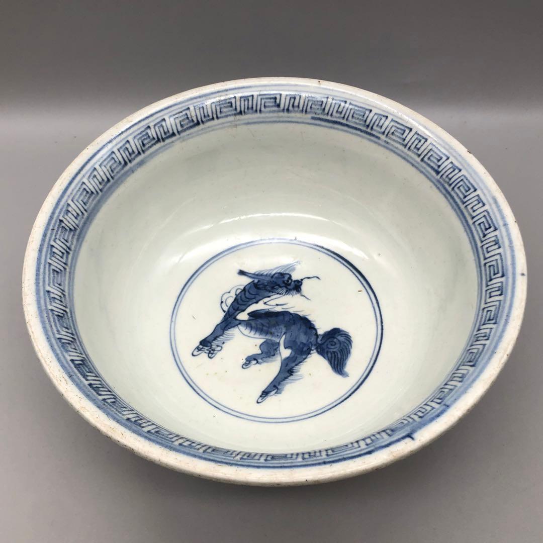 江戸時代古伊万里キリン麒麟染付け鉢ボウル21.5cm伊万里焼骨董品木箱付き