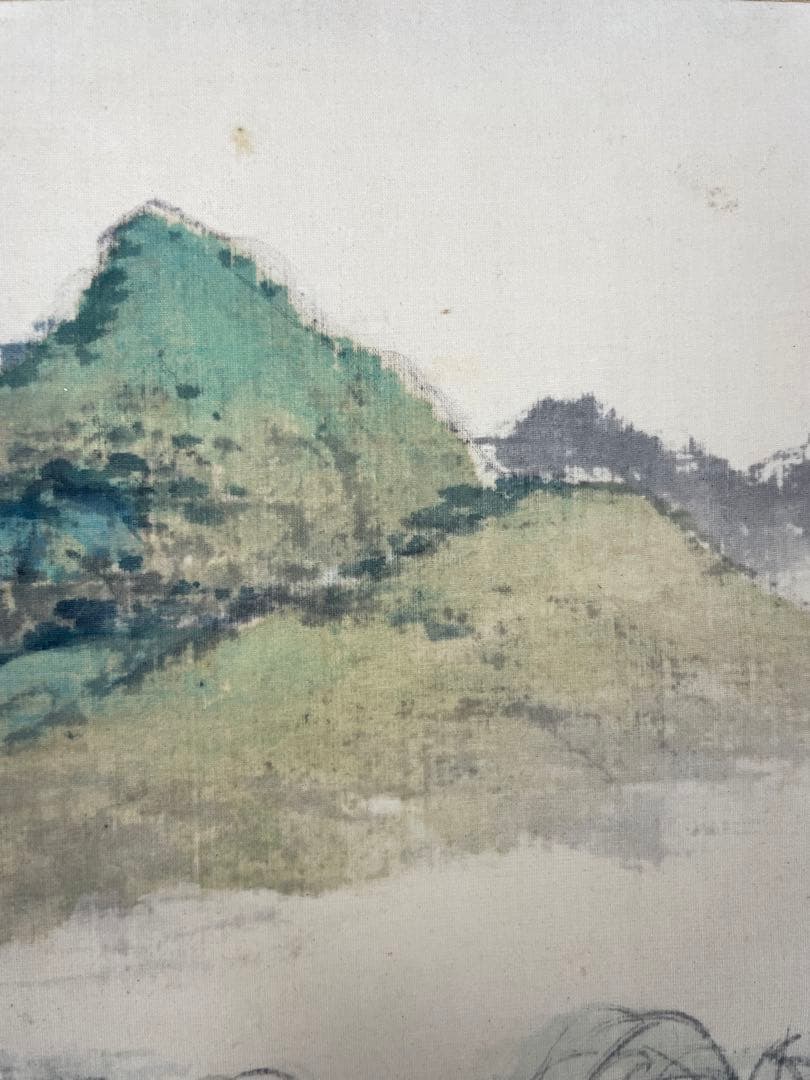 3c2-9 日本画　水田竹圃 山水図 南画　肉筆　絹本　塑膠軸 共箱