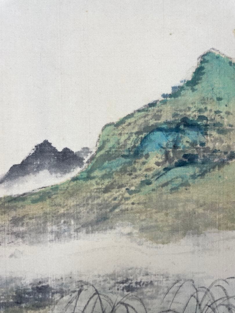 3c2-9 日本画　水田竹圃 山水図 南画　肉筆　絹本　塑膠軸 共箱