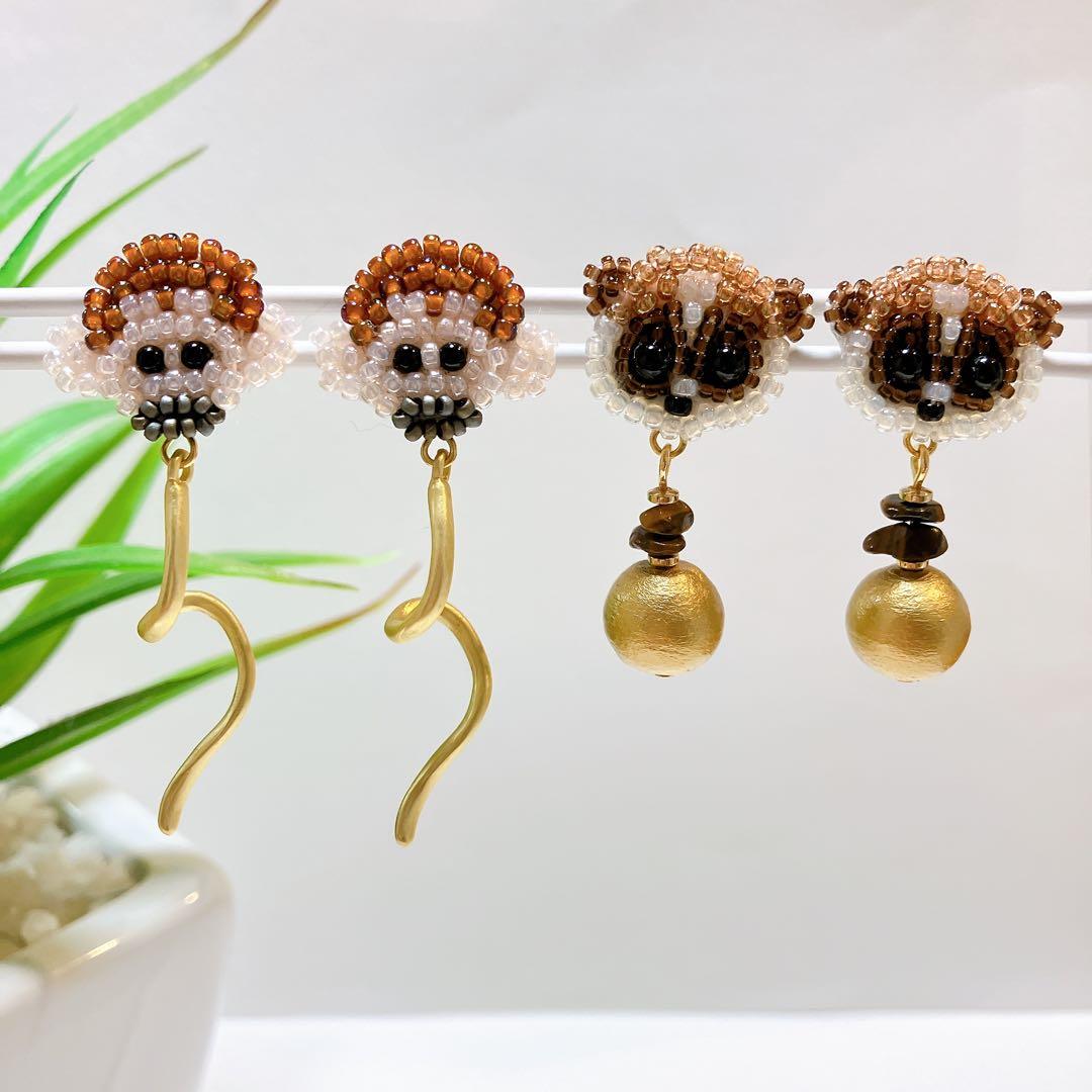 専用★リスザル　スローロリス　ビーズ刺繍ピアス　アニマルハンドメイドアクセサリー