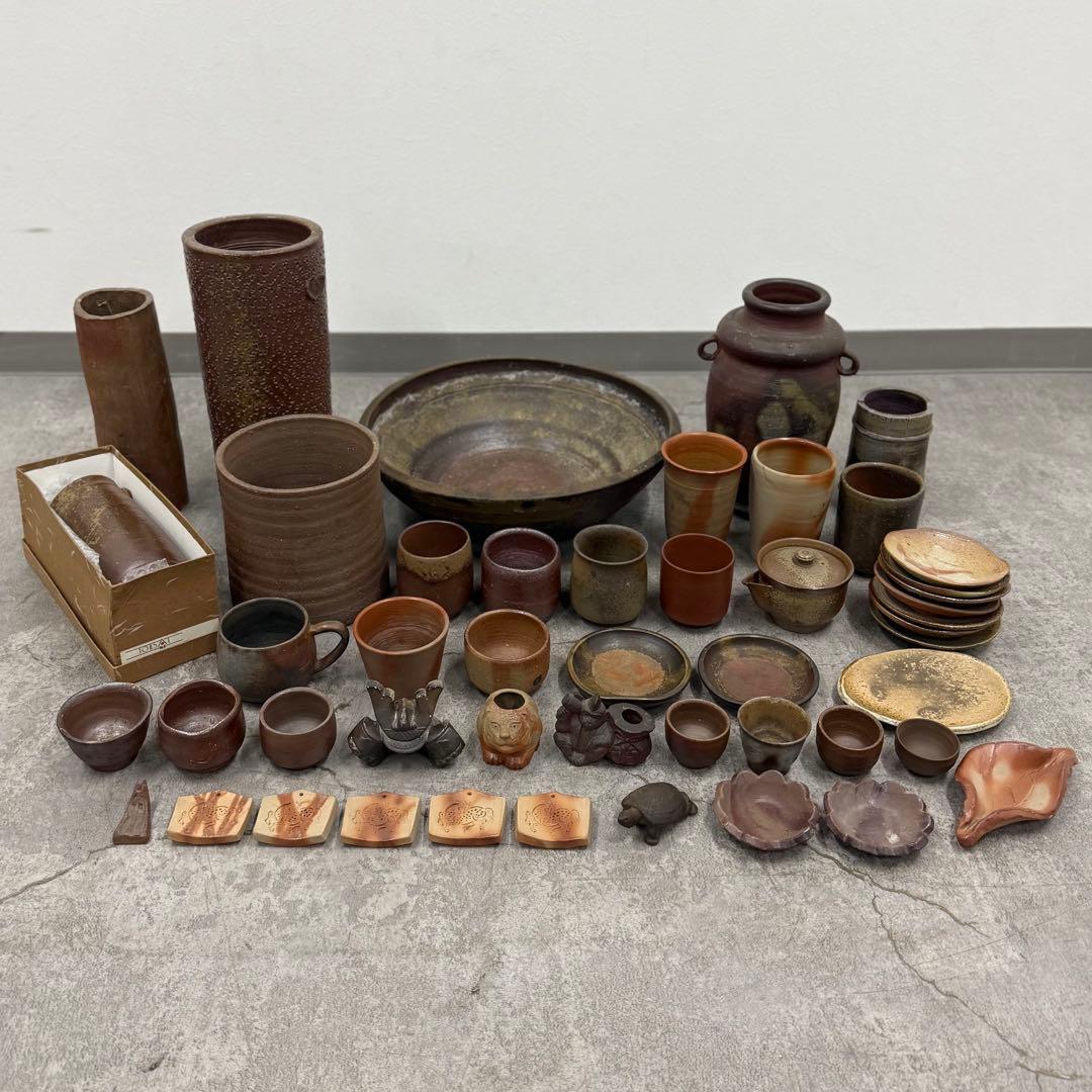 SNT1680 大量!! 備前焼 大鉢 花入 宝瓶 湯呑み 煎茶椀他 40点以上