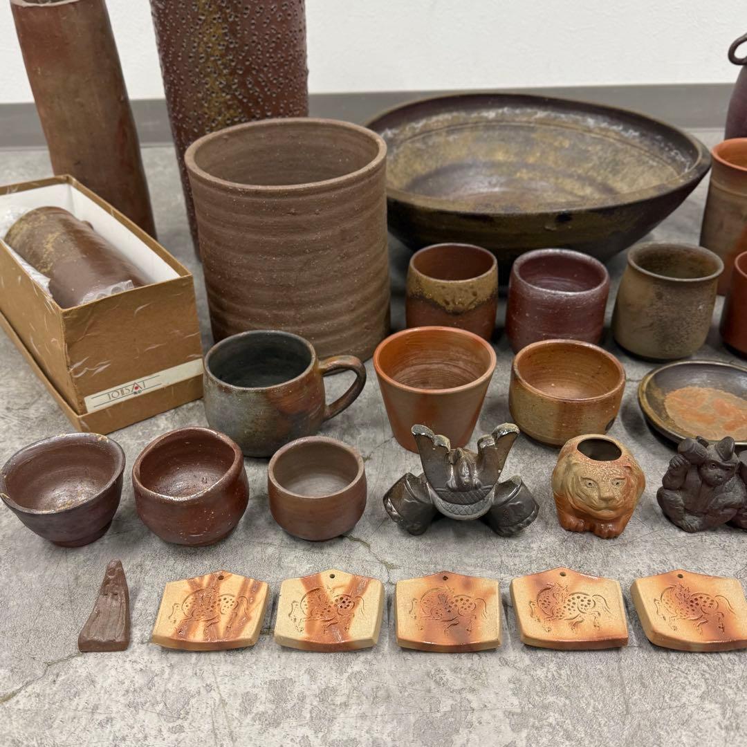 SNT1680 大量!! 備前焼 大鉢 花入 宝瓶 湯呑み 煎茶椀他 40点以上